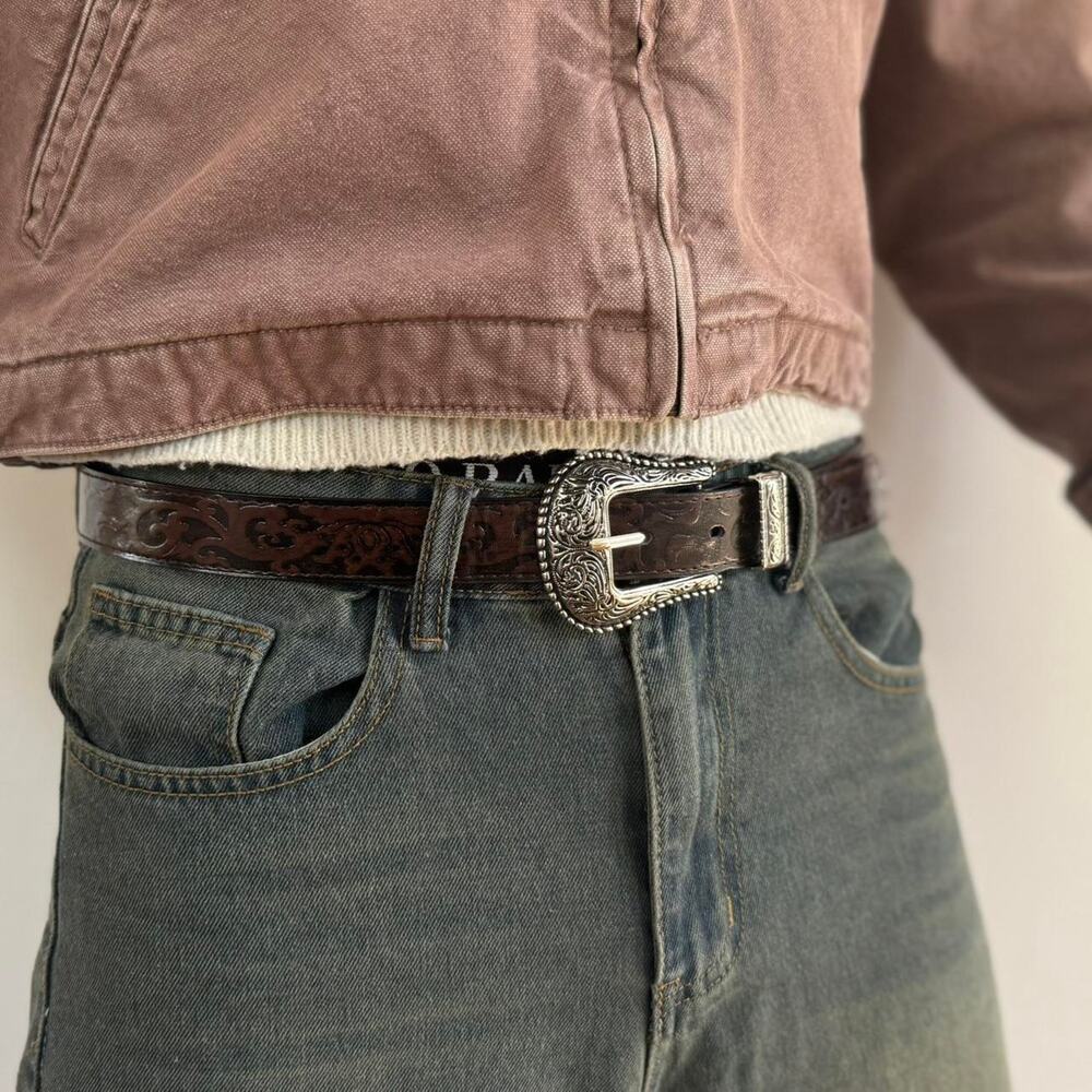 y2k brown leather and silver western cowboy boho belt - Picture 7 of 9